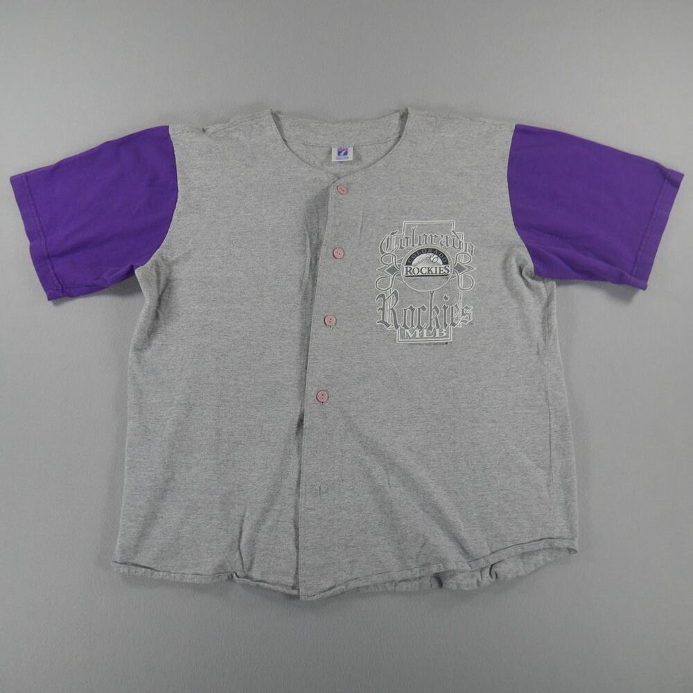 Vintage 90s Logo 7 Colorado Rockies MLB Gray/Purple Jersey Mens Size Large